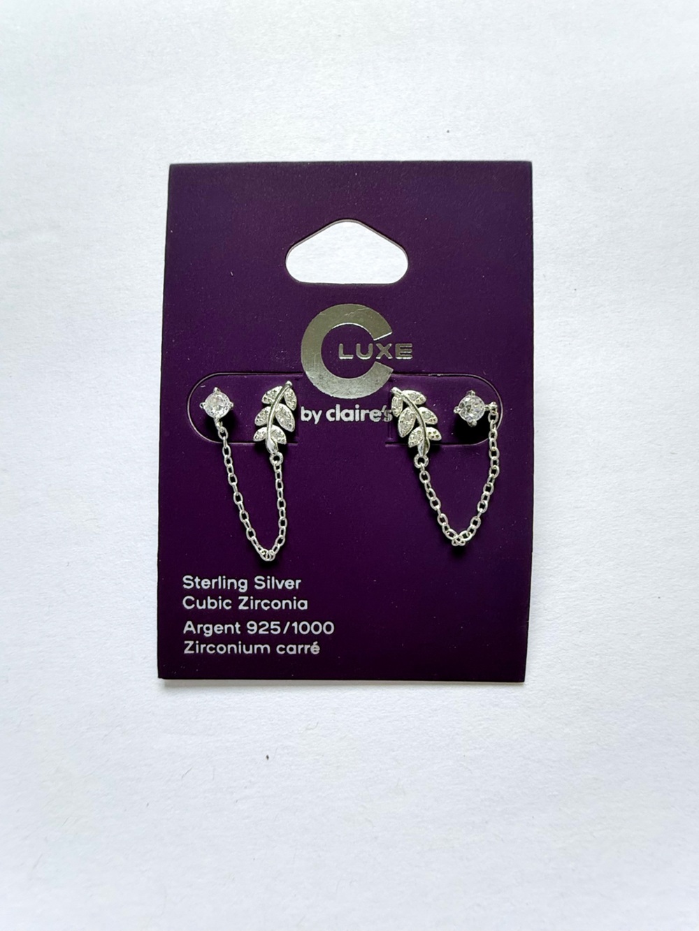Luxe by Claire's Sterling Silver Leaf Chain Earrings with Cubic Zirconia
